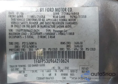 2006 Ford Taurus Se from USA, damaged, VIN 1FAFP53U96A210624